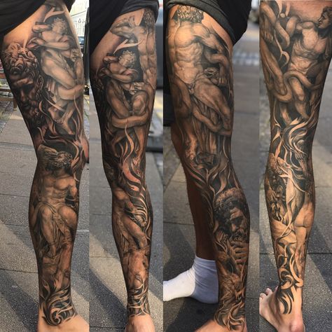 Legsleeve pretty much done. This is the first legsleeve I've ever finished and learned so much along the way! thanks for all the amazing… Religious Tattoo Sleeves, Tattoo Calf, Best Leg Tattoos, Full Leg Tattoos, Tattoo Inspiration Men, Religious Tattoos, Forearm Tattoo Women, Leg Tattoo Men, Greek Tattoos