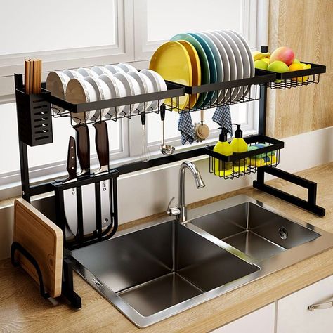 Tiny House Courses on Instagram: “Love this over the sink dish rack! Great space saver for tiny homes. ___________________________________________⁣⁣⁣⁣⁣⁣ #tinyhouseblog…” Organiser Cucina, Desain Pantry, Sink Dish Rack, Kabinet Dapur, Over The Sink, Dish Rack, Design Case, Interior Design Kitchen, A Kitchen