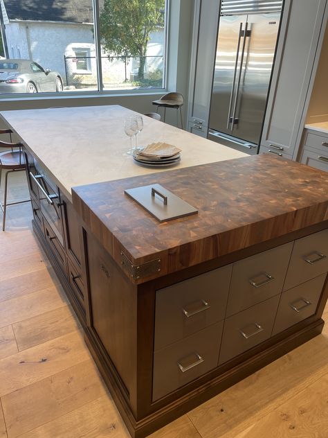 Kitchen Island Wooden Top, Butcher Block In Island, Butcher Block On Island, Raised Countertop Kitchen, Half Butcher Block Island, 2 Level Countertop, Kitchen Island Expansion Ideas, Chopping Block Countertops Kitchen, Butcher Block And Quartz Countertops