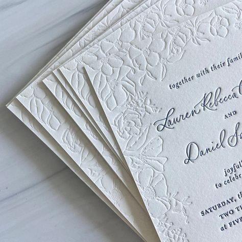 zoom for all the tiny details in our new Pisgah Suite invitation customized for L&D, with blind letterpress florals, slate blue letterpress details and modern calligraphy. #letterpressinvitation #blindletterpress #letterpress #moderncalligraphy #letterpressweddinginvitation #weddinginvitation #fineartwedding #weddinginspo #invitationinspo #weddingstationery #weddingpaper #weddingcalligraphy #calligraphy #wedding #paper Floral Letterpress Invitation, Floral Embossed Wedding Invitations, Blind Letterpress Wedding Invitation, Die Cut Wedding Invitations, Letterpress Save The Date, Letter Press Invitations, Letter Press Wedding Invitations, Blind Letterpress, Modern Caligraphy