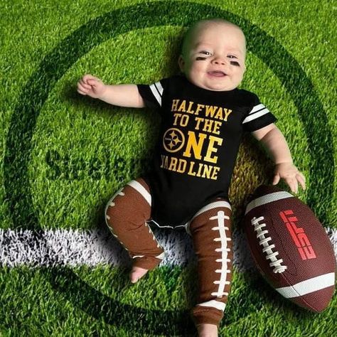 Football Half Birthday, 6month Photoshoot, 6 Month Baby Picture Ideas Boy, Six Month Birthday, Happy Half Birthday, Half Birthday Baby, 6 Month Baby Picture Ideas, Birthday Football, Football Jersey Outfit