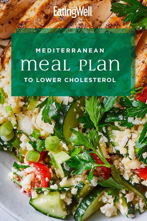 Following the Mediterranean diet is a delicious and healthy way to lower your cholesterol and improve your heart health. Meal Plan To Lower Cholesterol, Heart Healthy Recipes Cholesterol, Mediterranean Meal Plan, Cholesterol Friendly Recipes, Low Cholesterol Diet Plan, To Lower Cholesterol, Low Cholesterol Diet, Low Cholesterol Recipes, Cholesterol Lowering Foods