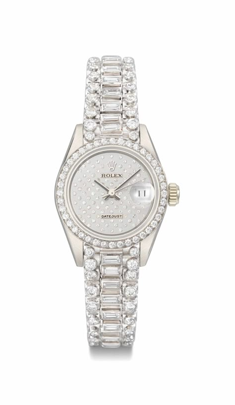 Rolex. A fine and rare lady's 18K white gold and diamond-set automatic wristwatch with date and diamond-set bracelet, SIGNED ROLEX, DATEJUST, REF. 69139, CASE NO. 9'090'264, CIRCA 1985.  | Christie's Rolex White Gold, Rolex Watches Women Diamonds, Women Rolex Watches, Watch For Women, Jewellery Set, Diamond Set, Golf Bracelet, Piece By Piece, Diamond Watches Women