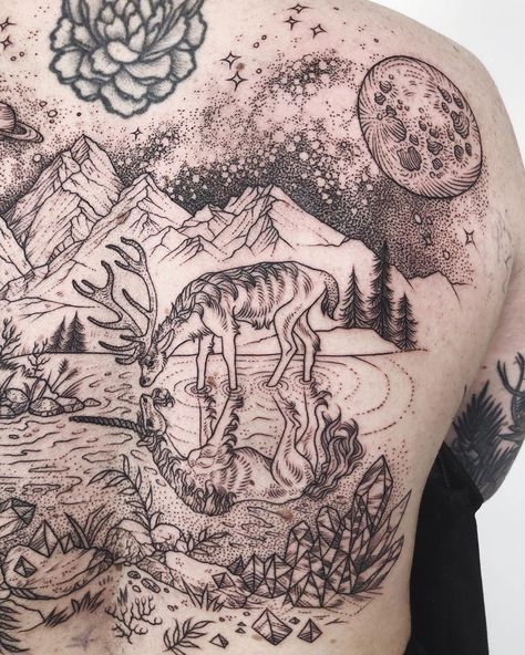 Pony Reinhardt Tattoo on Instagram: “Deer seeing it’s unicorn reflection in a magical mountain lake! Done @tenderfootstudio” Pony Reinhardt Tattoo, Pony Reinhardt, Magical Mountain, Deer Tattoo, Deer Art, Mountain Lake, Body Mods, Tattoo On, Flash Tattoo