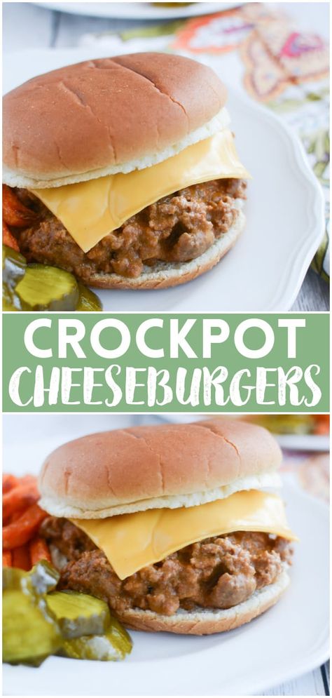 Crockpot Cheeseburgers - sloppy joe style cheeseburgers cooked in the slow cooker. Serve it on buns with all your favorite burger fixins for an easy weeknight dinner the whole family will love! Crockpot Cheeseburgers, Cheeseburger Sloppy Joes, Fake Ginger, Slow Cooker Dinner Recipes, Cheeseburger Recipe, Slow Cooker Dinner, Sloppy Joe, Crock Pot Slow Cooker, Crock Pot Cooking