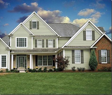 Vinyl Siding Cypress Color | vinyl siding color cypress image search results Green House White Shutters, Vinyl Exterior Siding, Green Exterior House Colors, Green House Exterior, Green Siding, Exterior Siding Colors, Painting House, House Paint Color Combination, House Green