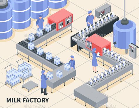 Milk Factory Illustration Process of milk packing on factory 3d isometric vector illustration #Milk, #Factory, #Illustration Factory Illustration, Factory Icon, Milk Factory, Cheese Factory, Illustration Process, 3d Isometric, Isometric Art, Isometric Design, Milk Production