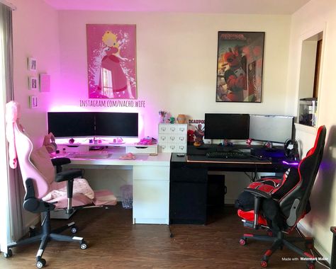 Instagram.com/nacho.wife Couples Study Room, Game Room Couple Ideas, Gaming Room Setup 2 People, Duo Gaming Room, Husband And Wife Gaming Setup, Game Room And Office Combo, Couple Desk Setup, Gaming Room Couple, Office His And Hers