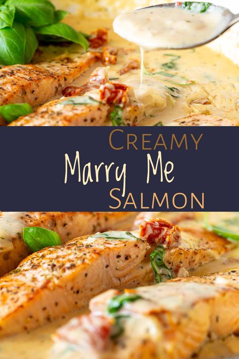 This Marry Me Salmon is as cozy and comforting as it is delicious. Tender, pan-seared salmon simmered in a sun-dried tomato sauce that's creamy and garlicky. This recipe is simple yet elegant, using pantry staples you probably already have in your kitchen. It comes together in under 30 minutes and cooks in one skillet, making cleanup a breeze! Serve it with pasta, rice, or mashed potatoes to catch every last bit of that sauce. Pasta For Salmon, Salmon Sauce Creamy, Salmon With Sauce, Marry Me Salmon, Seafood Pasta Sauce, Salmon Sauce Recipes, Salmon Sides, Salmon With Cream Sauce, Salmon Sauce