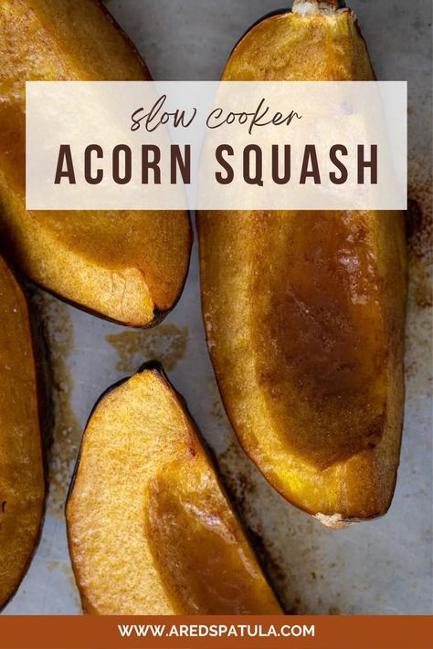 Acorn squash on a baking sheet. Acorn Squash Slow Cooker, Acorn Squash In Crockpot, Slow Cooker Acorn Squash, Vegan Acorn Squash Recipes, Winter Squash Recipes, Vegan Slow Cooker Recipes, Acorn Squash Recipes, Easy Thanksgiving Recipes, Butter Honey