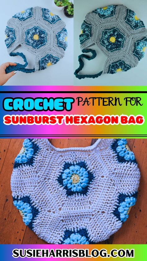 Sunburst Hexagon Bag The sunburst hexagon bag is made with light worsted-weight yarn. You can use one-colored or many to make this beautiful bag. This hexagon bag has textured stitches which will make it pop up like mini flowers. The sunburst hexagon bag is such an easy and simple crochet pattern that will be sure to add an extra-ordinary look your outfit. This bag has also a liner like other bags to keep your personal items secure. Easy Crochet Tote Bag, Hexagon Bag, Tote Bag Ideas, Simple Crochet Pattern, Light Worsted Weight Yarn, Mini Flowers, Simple Crochet, Crochet Hexagon, Crochet Tote Bag