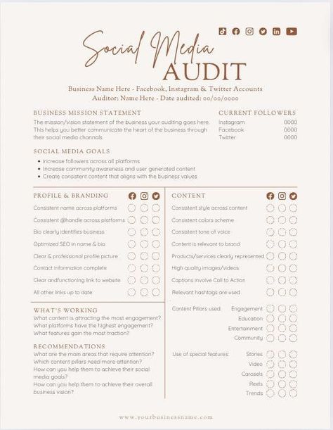 Social Media Marketing Template Social Media Audit Checklist, Social Media Audit Template, Social Media Packages Pricing, Social Media Marketing Template, Social Media Audit, Brand Audit, Social Media Strategy Template, Marketing Audit, Social Media Packages