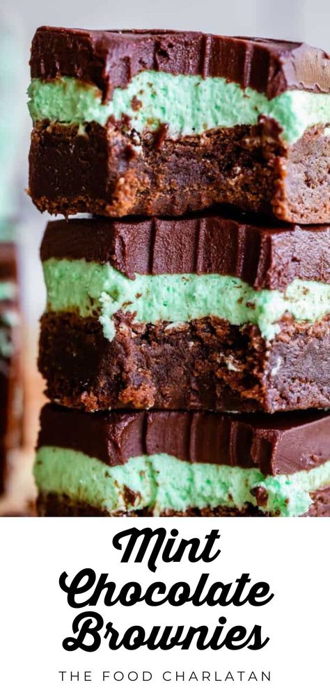 Indulge in rich, fudgy mint chocolate brownies topped with creamy mint frosting and a decadent chocolate ganache. Grasshopper Bars, Andes Mints Brownies, Mint Chocolate Brownies, Cereal Treat Recipes, Mint Chocolate Recipes, Chocolate Brownies Recipe, Sweet Potatoes With Marshmallows, Mint Frosting, The Food Charlatan