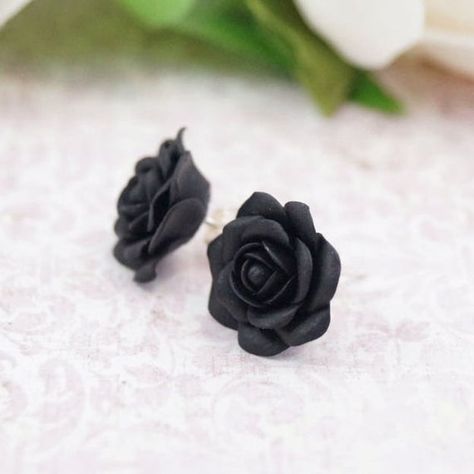 Dough Jewelry, Mauve Earrings, Sterling Silver Flower Earrings, Small Roses, Black Studs, Earrings Gothic, Rose Stud Earrings, Earrings Polymer, Gothic Earrings