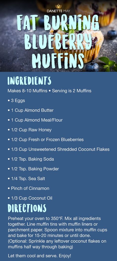 Fat Burning Blueberry Muffins recipe Dannette May Recipes, Fat Burning Snacks, Blueberry Muffins Recipe, Weekly Recipes, Danette May, Almond Meal, Muffin Recipes Blueberry, Fat Burning Smoothies, Keto Diet Menu