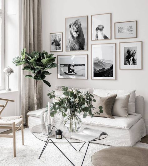 Gallery Wall Layout, Majestic Lion, Gallery Wall Inspiration, Gallery Wall Living Room, Poster Store, Inspiration Wall, Vintage Camera, White Interior, Interior Inspo