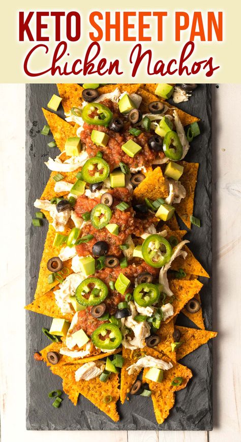 Sheet Pan Keto Chicken Nachos Recipe: Easy keto nachos made with cheesy low carb tortilla chips, and topped with chicken, salsa, and avocado! #ASpicyPerspective #keto #ketogenic #glutenfree #nachos #sheetpan via @spicyperspectiv Chicken Nachos Recipe Easy, Low Carb Tortilla Chips, Keto Nachos, Nacho Recipes, Cookies Coconut, Pan Keto, Chicken Nachos Recipe, Chicken Salsa, Eating Routine