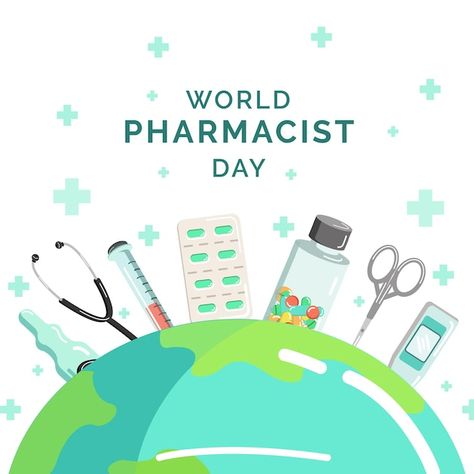 Vector illustration of world pharmacist ... | Premium Vector #Freepik #vector Role Of Pharmacist In Global Health, World Pharmacist Day Poster, Role Of Pharmacist, Pharmacist Day, World Pharmacist Day, Pharmacy Art, Pharmacy Medicine, Pharmacy Student, Pharmacy School