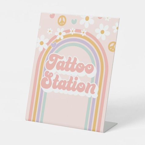 Groovy Rainbow Tattoo Station Birthday Sign - Birthday Decoration Rainbow Tattoo, Groovy Rainbow, Tattoo Station, Birthday Sweets, Rainbow Tattoos, Baby Birthday Decorations, Party Tattoos, Rainbow Birthday Party, Groovy Retro