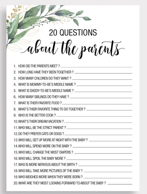 20 Questions About The Parents, Baby Shower Quiz Game, Adoption Shower Games, Unknown Gender Baby Shower Ideas, Baby Shower Question Game, Baby Shower Questions, Virtual Baby Shower Ideas, Baby Shower Quiz, Gender Reveal Baby Shower Themes