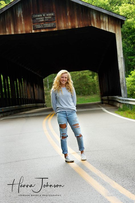 Samantha|Senior Photos at Caesars Creek State Park, Ohio – Johnson Branch Photography Senior Picture Ideas Covered Bridge, Covered Bridge Photoshoot Senior Pictures, Covered Bridge Senior Pictures, Senior Picture Bridge, Covered Bridge Photoshoot, Bridge Senior Pictures, Casual Senior Picture Outfits, Casual Senior Pictures, Bridge Photoshoot