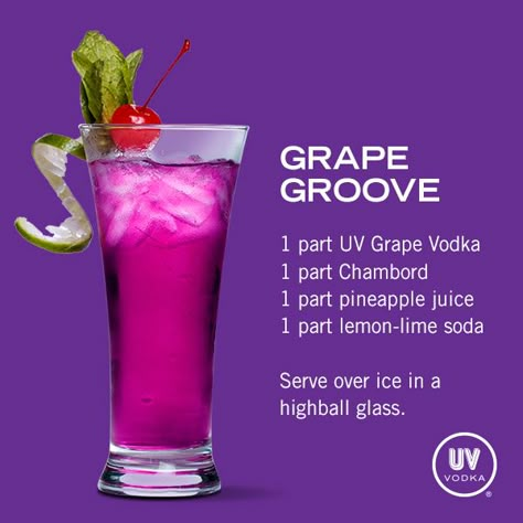 UV Vodka Recipe: Grape Groove. years ago i used to drink chambord and pineapple juice. this is that with UVgrape and 7up added. sounds kinda yummy! Purple Vodka Drinks, Uv Grape Vodka Recipes, Grape Vodka Recipes, Purple Lemon Drop Martini, Uv Vodka Recipes, Absolut Vodka Mixed Drinks, Lilac Infused Vodka, Grape Vodka, Vodka Recipes