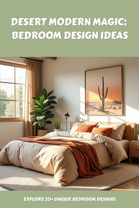 Generate an image of a spacious bedroom with large windows to let in natural light. The room is decorated with modern furniture pieces in light wood tones. A soft, plush bed with plush linens in sand, beige and soft terracotta hues takes the center stage. Splashes of greenery like a potted cactus and succulents are placed around to add more interest. A wall hanging or a painting that depicts a serene desert scenery can also be seen in the room. Boho Desert Bedroom Ideas, Sedona Inspired Bedroom, Desert Bedroom Aesthetic, Bedroom Inspirations Scandinavian, Desert Modern Bedroom, Desert Aesthetic Bedroom, Desert Bedroom Decor, Desert Theme Bedroom, Desert Inspired Bedroom