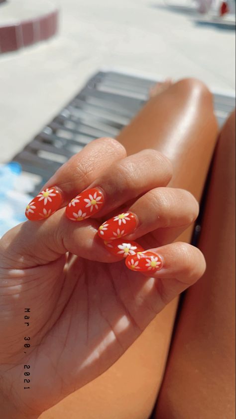 Orange Nails With Daisies, Orange Daisy Nails, Bright Flower Nails, Orange Nails With Flowers, Daisy Flower Nails, Orange Flower Nails, Tropical Flower Nails, Red Orange Nails, Sunshine Nails