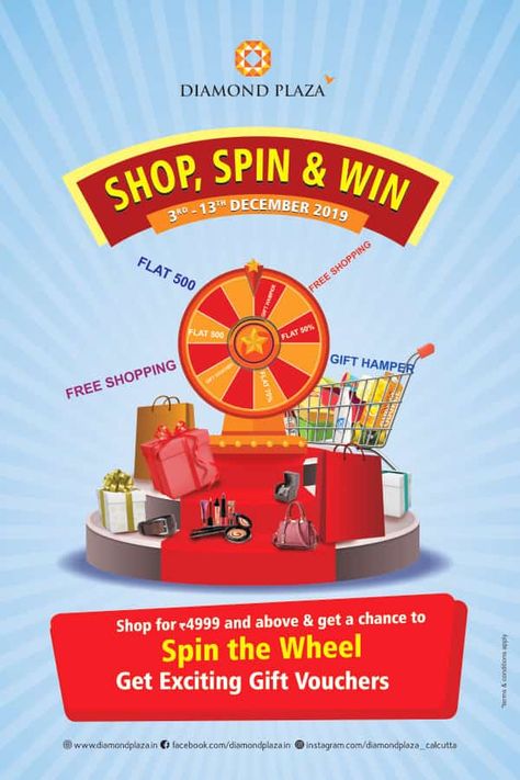 Have a spin with your fortunes by just spinning the wheel. Shop for Rs. 4999/- and above, and get a chance to spin the wheel and win exciting gift vouchers.T&C Apply. #DiamondPlaza Pvr Cinemas, Spin Wheel, Spin And Win, Big Bazaar, Spin The Wheel, Marketing Gift, Social Design, Food Advertising, Feed Ig