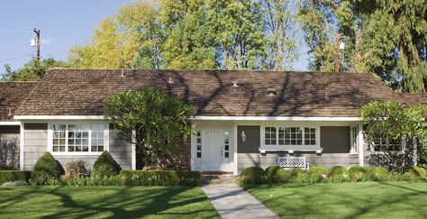 Mushroom Bisque Exterior | Ranch House Exterior Gallery | Behr Ranch House Exterior Colors, Ranch Style House Exterior, Brown Roof Houses, Mushroom Bisque, Exterior Gray Paint, Ranch House Exterior, Brown Roof, Gray House, Ranch Exterior