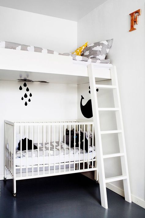 Cot under high sleeper Small Space Inspiration, Kids Rooms Shared, Shared Kids Room, Bunk Bed Loft, Bunk Bed Designs, Shared Bedroom, Shared Room, Kids Bunk Beds, Shared Bedrooms