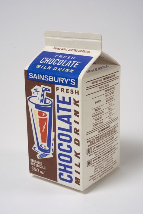 Sainsbury's Fresh Chocolate Milk Drink carton | SA/PKC/PRO/1/6/3/5/2/2 - Sainsbury's Fresh Chocolate Milk Drink carton | Search | Catalogue | Sainsbury Archive Vintage Packaging, Drink Milk, Nutrition Information, Chocolate Milk, Milk, Packaging, Drinks, Wall