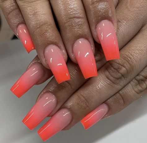 Nails Ombre Orange, Ombre Pink And Orange Nails, Ombre Orange And Pink Nails, Bright Orange Ombre Nails, Hot Pink And Orange Ombre Nails, Neon Pink And Orange Ombre Nails, Umbre Nails, Orange Ombre Nails, Gold Acrylic Nails