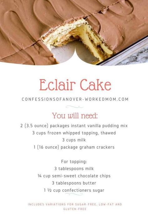 Chocolate Eclair Cake Recipe, Chocolate Eclairs Recipe Easy, No Bake Eclair Dessert, Eclair Glaze, Chocolate Eclair Cake No Bake, Eclaire Cake, Eclair Cake Recipe, Eclairs Recipe, Eclair Dessert