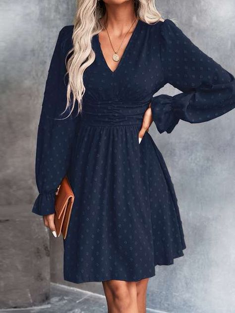 Temu | Explore the Latest Clothing, Beauty, Home, Jewelry & More Long Sleeve Navy Blue Dress, V Neck Dress Casual, Ruffle Long Sleeve Dress, Navy Blue Dress, Ruffle Long Sleeve, Long Sleeve Short Dress, Vestido Casual, Swiss Dot, Navy Blue Dresses