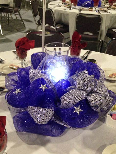 AF Ball Centerpiece/deco mesh wreath Air Force Retirement Party Centerpieces, Air Force Centerpiece Ideas, Air Force Retirement Party Decorations, Military Centerpiece Ideas, Military Ball Decorations, Class Reunion Centerpieces, Athletic Banquet, Church Table, Budget Centerpieces