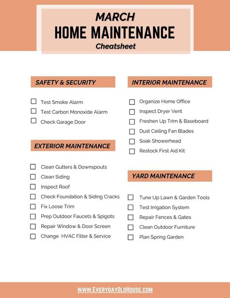 Kick-start the spring season with some essential home maintenance tasks for March. Download our cheat sheet �– a free printable PDF to ensure you're hitting all the right spots for an organized and clean home. Monthly House Maintenance Checklist, Spring Home Maintenance Checklist, August Home Maintenance Checklist, November Home Maintenance Checklist, May Home Maintenance Checklist, Clean Siding, Clean Outdoor Furniture, Yard Maintenance, Hvac Filters