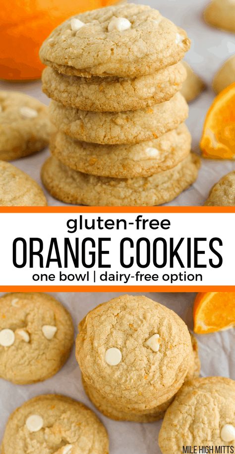 Sweet, gluten-free Orange Cookies filled with orange zest, orange juice, and white chocolate chips for a fun Summer treat that everyone will love! Dairy-free (with coconut oil), this easy cookie recipe can be quickly made in one bowl, and is a great recipe for beginner bakers or a seasoned pros. Reminiscent of an orange creamsicle, if you love orange then you don't want to miss these cookies! Gluten Free Orange Cookies, Celiac Desserts, Flourless Baking, Easy Cookie Recipe, Medieval Recipes, Keto Cookie Recipes, Cookies Gluten Free, Gluten Free Cookie Recipes, Orange Cookies