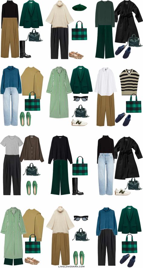 Green Flats Outfit, Green Capsule Wardrobe, Maximalist Style Fashion, Green Outfits For Women, Building A Capsule Wardrobe, Mango Coats, Capsule Wardrobe Women, Capsule Wardrobe Essentials, Capsule Wardrobe Outfits