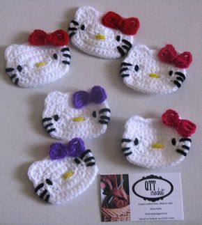 Projek Mengait, Appliques Au Crochet, Crochet Hello Kitty, Pola Topi, Hello Kitty Crochet, Crochet Embellishments, Crochet Patterns Free, Crochet Applique, Applique Patterns