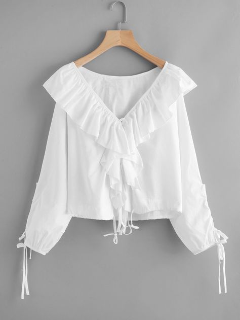 Shop Exaggerated Frill V Neckline Self Tie Blouse online. SheIn offers Exaggerated Frill V Neckline Self Tie Blouse & more to fit your fashionable needs. Frill Blouse Designs, Outfits Blanco, Pierrot Clown, Frill Tops, Stylish Dress Designs, Women Blouses, Tie Blouse, Dresses Kids Girl, Blouse Online