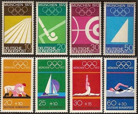 Munich 1972 Olympics. Notice the very simple illustrations. Reducing the lanes of the track (or pool!) to a few shapes. Try some of your own simple collages with different coloured paper. You could choose some of the things you would find near a pool like the clock, the lanes, the dividers. Olympics Graphics, 1972 Olympics, Otl Aicher, Olympic Theme, Postage Stamp Design, Graphic Design Style, Simple Collage, Commemorative Stamps, The Olympic Games