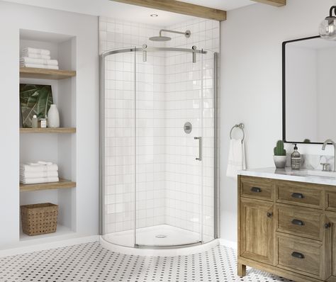 Outback Round 36 x 36 x 75 5/8 in. 8mm Sliding Shower Door for Corner Installation with Clear glass in Brushed Nickel | Shower door, Maax en-CA Shower Wall Kits, Frameless Sliding Shower Doors, Contemporary Barn, Fiberglass Shower, Sophisticated Bathroom, Bathtub Doors, Shower Wall Panels, Shower Base, Corner Wall