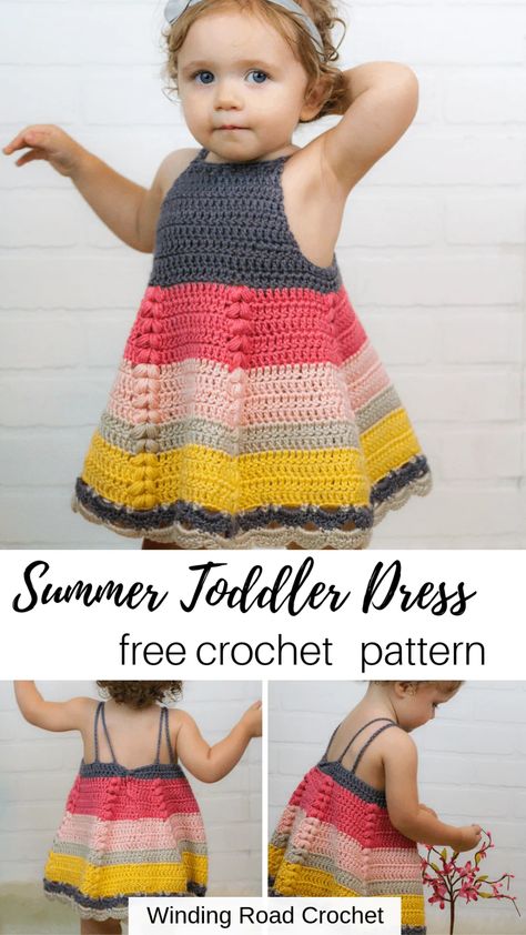 Crochet Baby Dress Free Pattern, Crochet Toddler Dress, Winding Road Crochet, Puff Stitch Crochet, Toddler Dress Patterns, Crochet Baby Girl Dress, Crochet Baby Dress Pattern, Crochet Toddler, Easy Crochet Baby