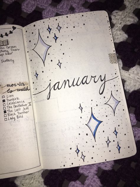 January 2018 bullet journal cover page. LOVE the starry twinkle theme. #bulletjournal January Journal Page, 2024 Journal Cover Page, Journal Ideas For January, Bullet Journal January Theme, January Bujo Theme, 2024 Journal Cover, January Journal Ideas, Lisa Journal, Bullet Journal Month Cover