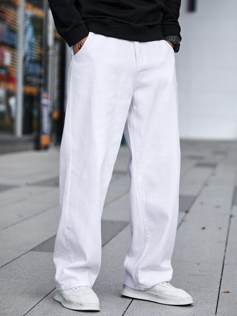 Men Slant Pocket Straight Leg Jeans | SHEIN USA White Denim Men Outfits, Outfits With White Jeans Men, White Baggy Pants Outfit Men, White Baggy Denim Jeans, Mens White Pants Outfit, White Pants Men Outfit, White Denim Pants Outfit, White Jeans Outfit Men, Men White Jeans