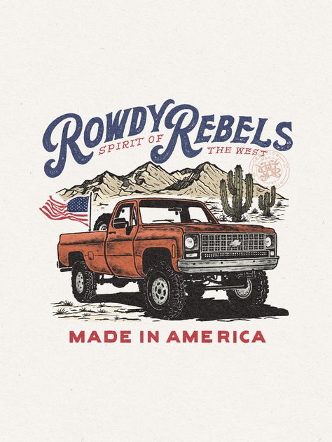 Rowdy Rebels by Wak Jay  Creative Studio Tennessee Logo Design, Country Graphic Design, Country Brands, Garage Branding, Rustic Graphic Design, Manly Design, Tshirt Printing Design, Trendy Shirt Designs, Country Design