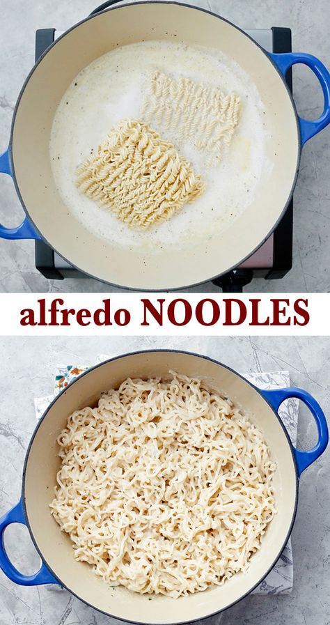 Mr Noodles Recipe, Ramen Alfredo Recipe, Ramen Noodle Alfredo, Easy Ingredient Recipes, Ramen Alfredo, Creamy Ramen Noodles, Easy Alfredo Recipe, Roman Noodles, Alfredo Noodles