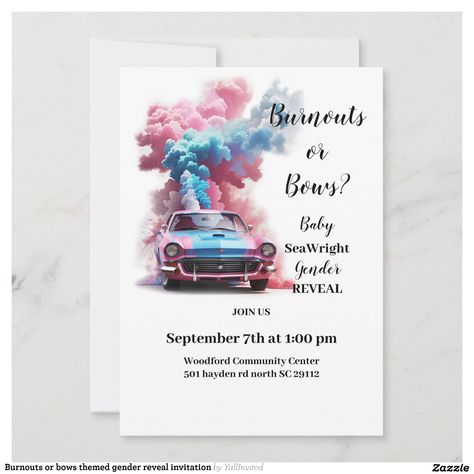 Create your own Invitation | Zazzle Burnout Or Bows Gender Reveal Decorations, Pepper Gender, Gender Reveal Burnout, Bows Or Burnouts, Gender Reveal Winter, Baby Party Themes, Bows Gender Reveal, Baby Reveal Ideas, Themed Gender Reveal