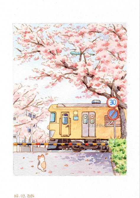 Art Korean Drawings, Korean Painting Aesthetic, Cute Scenery Drawing, Korea Drawing, Korean Bakery, Korean Drawing, Korean Illustration, Bakery Store, Cherry Blossoms Illustration